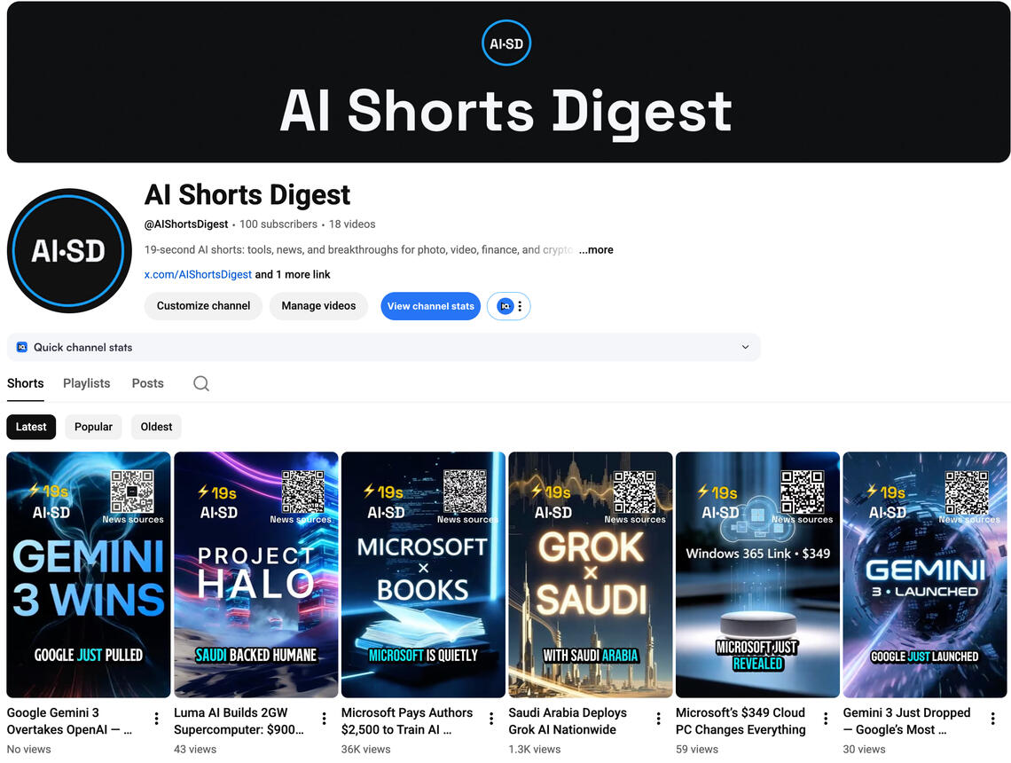 Preview image for the AI Shorts Digest YouTube channel with AI-themed visuals